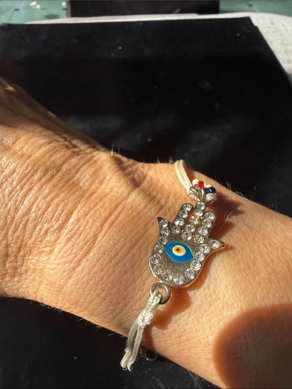 Hamsa Hand Evil Eye Crystal Bracelet - Silver Tone& Blue with a small Cristal’s